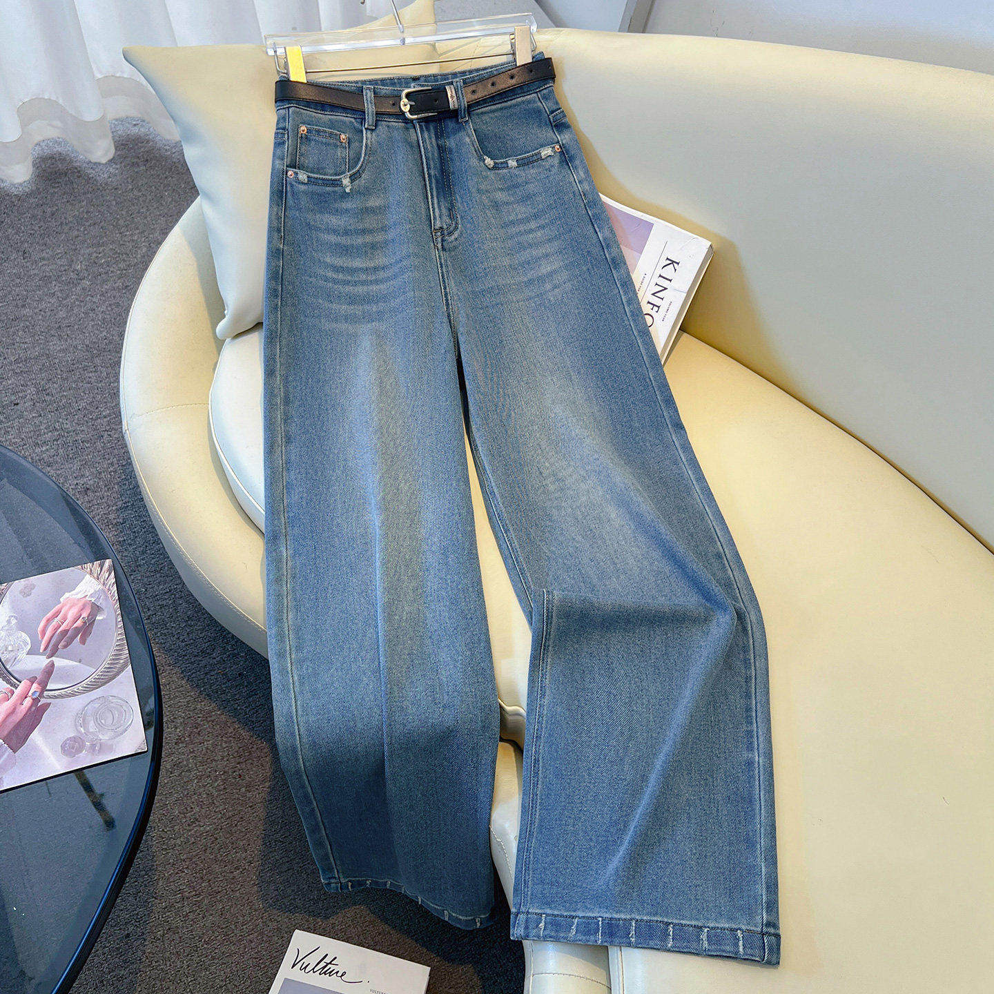 拉夏贝尔毛边破洞牛仔裤女2026早春新款高腰宽松拖地裤直筒宽裤子,淘宝优惠券,粉丝福利购,淘宝优惠卷