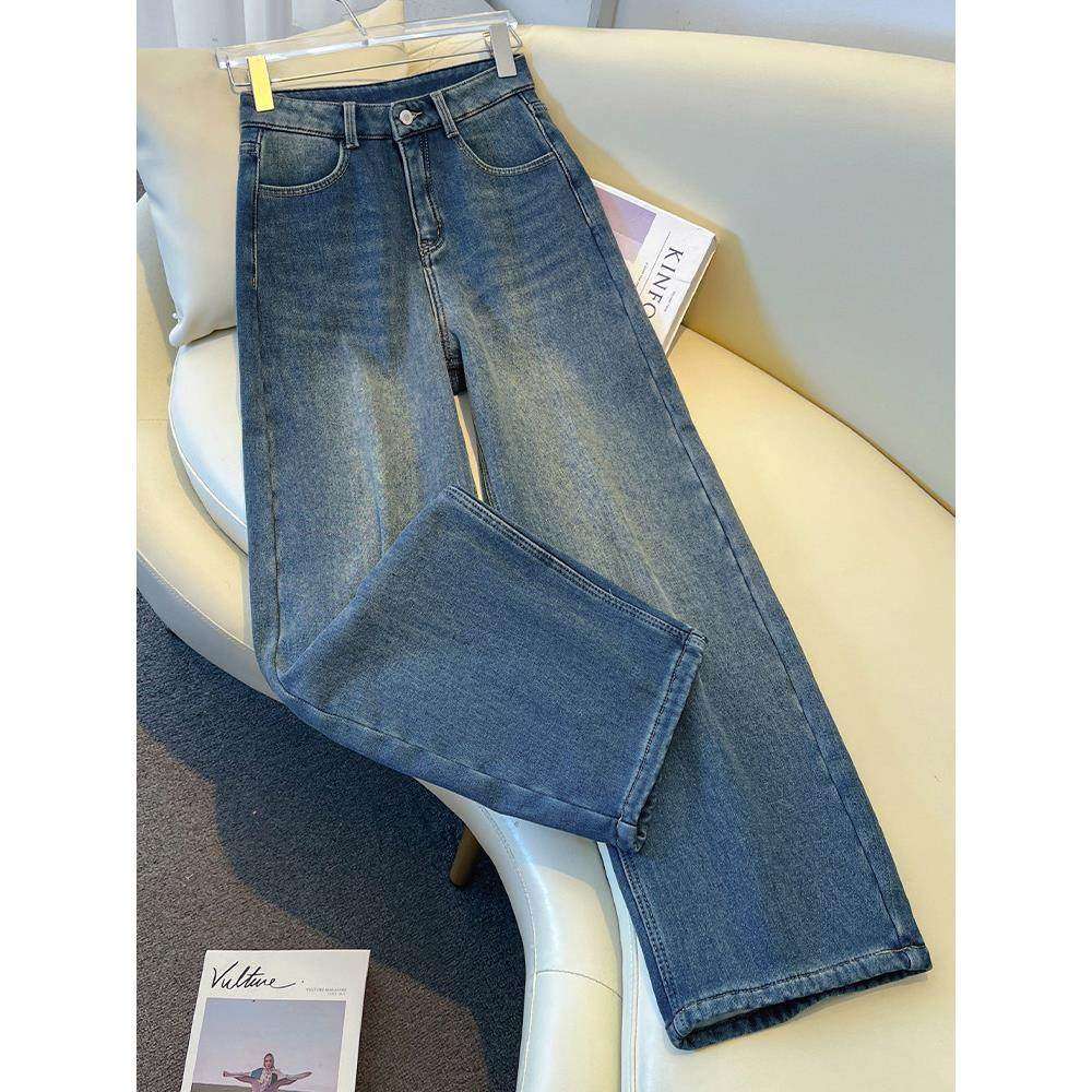 拉夏贝尔蓝色加绒牛仔裤女秋冬季2025新款梨形身材阔腿裤直筒长裤,淘宝优惠券,粉丝福利购,淘宝优惠卷