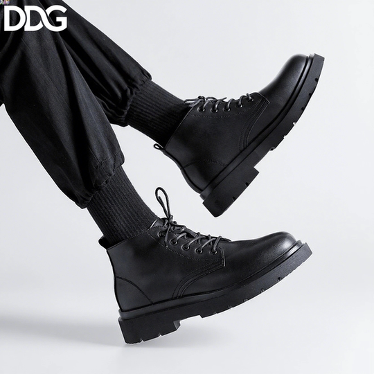 Black genuine leather martin boots for men 2025 new autumn and winter plus velvet mid-top leather shoes british style thick sole heightening boots