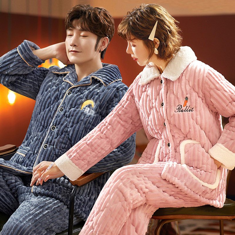 珊瑚绒情侣秋冬季款三层夹棉睡衣 缪黛睡衣/家居服套装