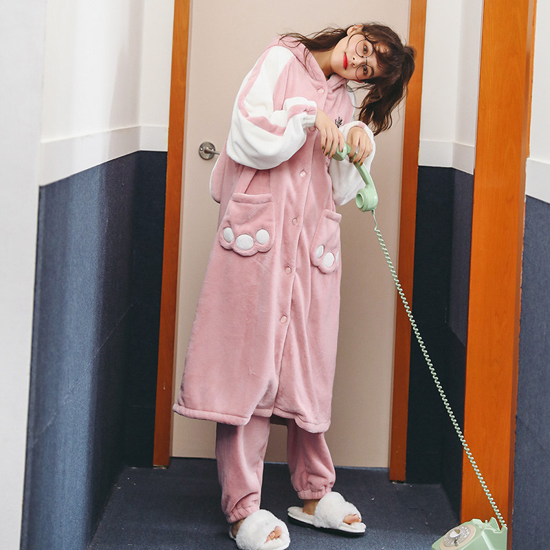 珊瑚绒秋冬季加绒可爱长款睡袍 缪黛睡袍/浴袍