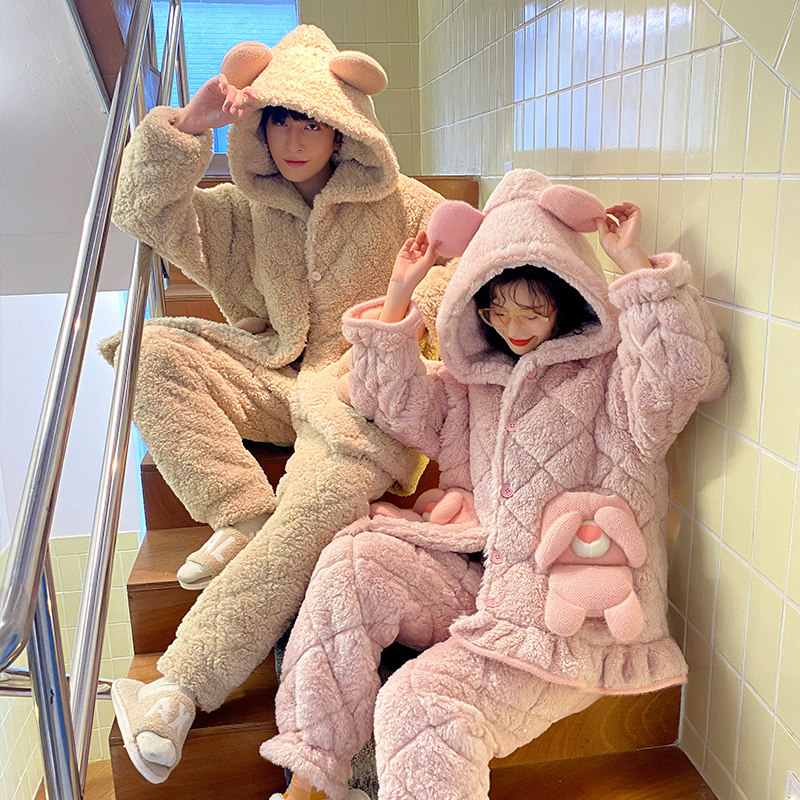 情侣冬季珊瑚绒三层夹棉加绒睡衣 缪黛睡衣/家居服套装