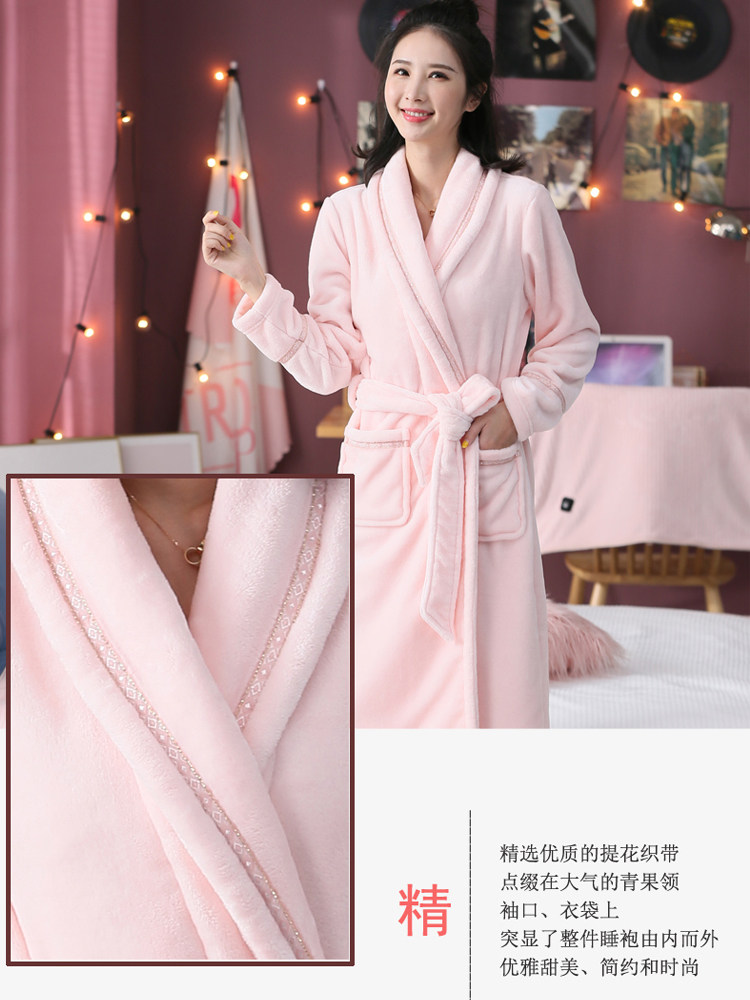 家尼斯冬加厚加长款珊瑚绒粉色睡袍 家尼斯睡袍/浴袍