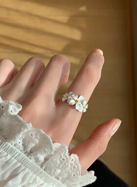 S925纯银栀子花戒指女小众冷淡风甜酷个性食指戒网红款指环