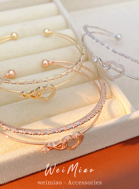 镶锆石爱心双层开口手镯韩系精致时尚百搭手链高级感轻奢手饰批发