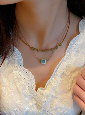 春款进口捷克珠双层项链花朵吊坠颈链叠戴项链清新复古水滴锁骨链