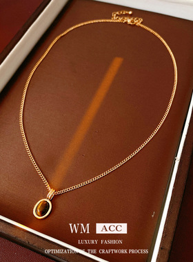 中古vintage虎眼石椭圆吊坠项链时尚复古锁骨链小众感饰品女