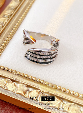 中古vintage金属锆石开口戒指小众感食指戒时尚复古百搭手饰