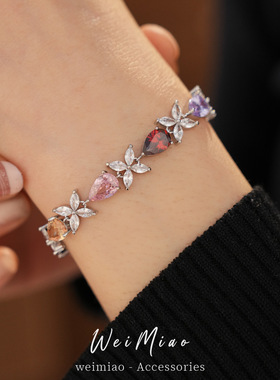 时尚精致镶锆石水滴花朵卡扣手链轻奢高级感手环甜美个性手饰批发