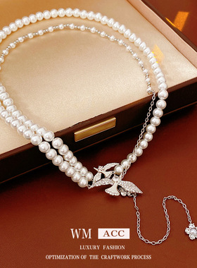 镶锆石珍珠小鸟花朵吊坠项链轻奢小众锁骨链法式复古饰品女感