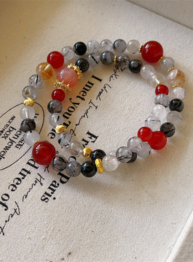 黑发晶手串双圈满天星红玛瑙手链女黄塔晶盐源珠弹力绳手链批发