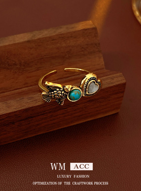 中古vintage镶钻方形开口戒指小众感食指戒时尚复古百搭手饰