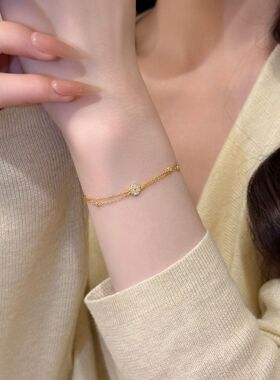 S925纯银镀18K金手链双层链幸运四瓣花叠戴百搭清新高级感手饰品