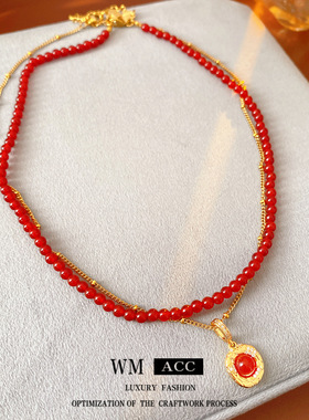 虎眼石玛瑙串珠圆形吊坠项链小众设计感锁骨链时尚复古美拉德饰品