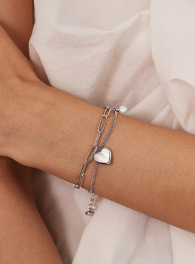 日韩首饰配饰批发轻奢个性双层钛钢珍珠手链女时尚手串爱心饰品