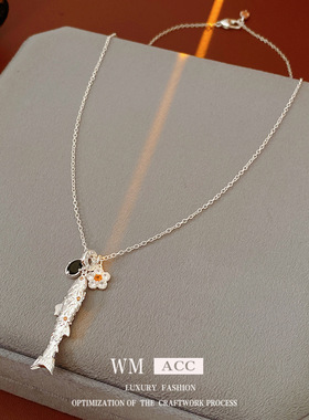 新中式锆石花朵小鱼吊坠项链轻奢小众毛衣链时尚百搭饰品女感