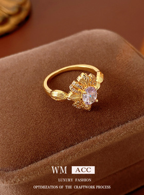 中古vintage锆石椭圆花朵戒指小众感食指戒时尚轻奢百搭手饰