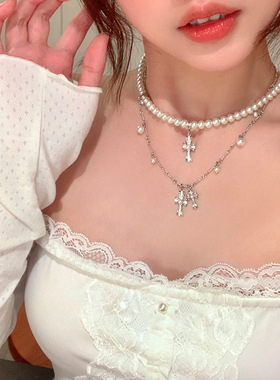 甜酷辣妹风双层叠戴十字架项链轻奢小众高级感珍珠锁骨链网红颈链