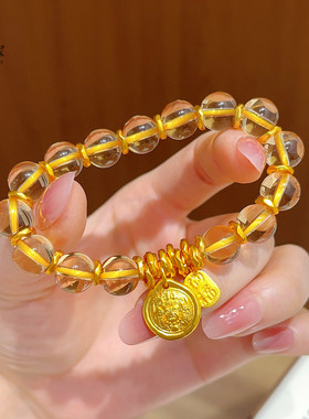 新中式沙金錾刻黄财神纳福牌黄水晶盘缠手链碎金转运珠手串复古女