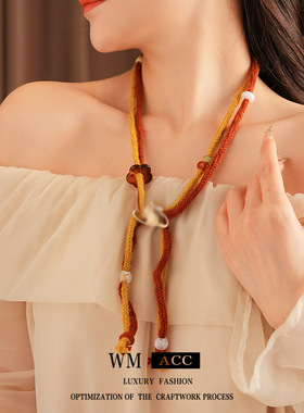 针织绳双层花朵土星吊坠项链时尚休闲毛衣链复古百搭饰品女感