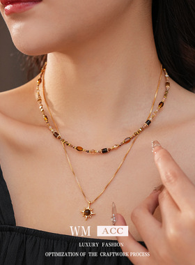 虎眼石圆形星芒双层吊坠项链复古美拉德锁骨链小众感百搭饰品