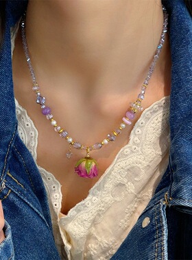春款玫紫色真鲜花花朵项链复古项链紫水晶真珍珠颈链清新锁骨链