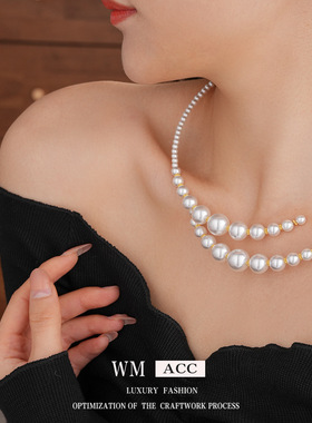 法式复古轻奢交叉珍珠项圈女