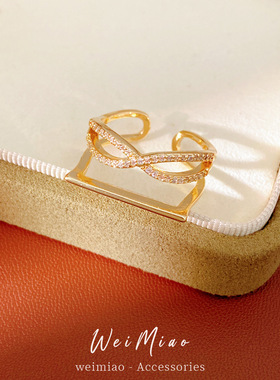 14k真金电镀锆石双层猫眼石花朵开口戒指小众高级感指环精致手饰