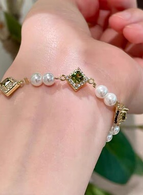 祖母绿方形锆石施家珍珠微镶锆石手链女轻奢时尚高级感手串手饰
