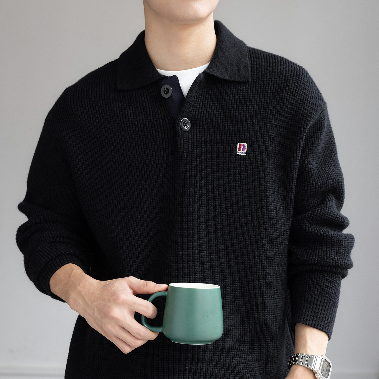 重磅肌理感毛衣男士2025秋冬新款宽松大码Polo衫百搭休闲针织外套 - 图1