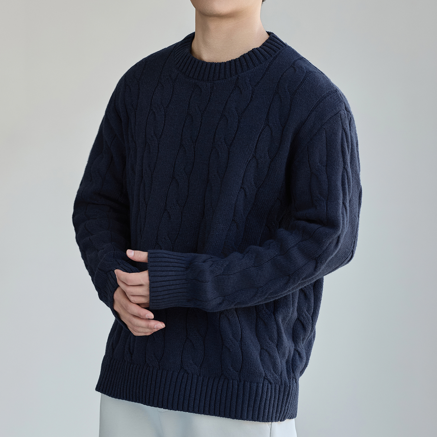 重磅粗线麻花毛衣男士2025冬季新款宽松大码绵羊毛保暖休闲针织衫 - 图1