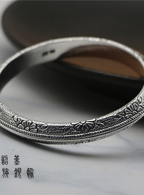 三角菱形镯樱花银手镯999银女手工錾刻菱形国风汉服配饰古法镯子