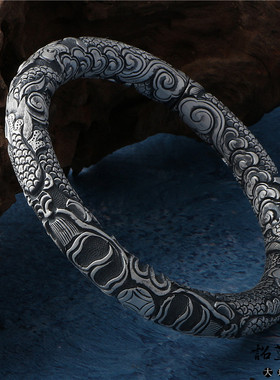 满雕实心双龙戏珠祥云银霸气手镯