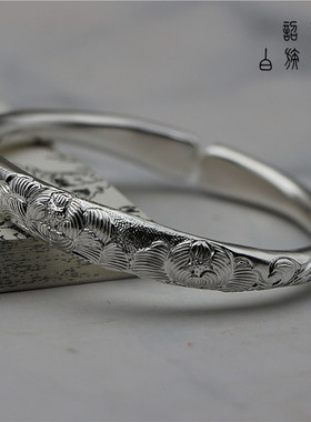 足银999牡丹镯子实心手环送女朋友闺蜜生日礼物镯小蛮腰银手镯银
