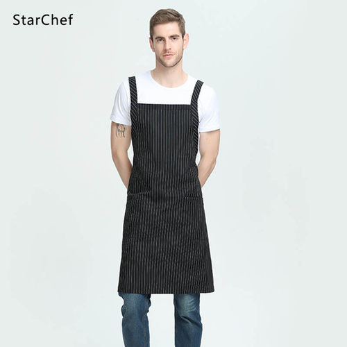 韩版时尚条纹围裙双肩背带交叉式挂脖围腰厨房餐厅工作服防污罩衣 - 图1