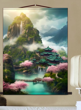 仙家堂口山水画仙堂佛堂背景东北堂屋风水画客厅玄关供奉丝绸挂画