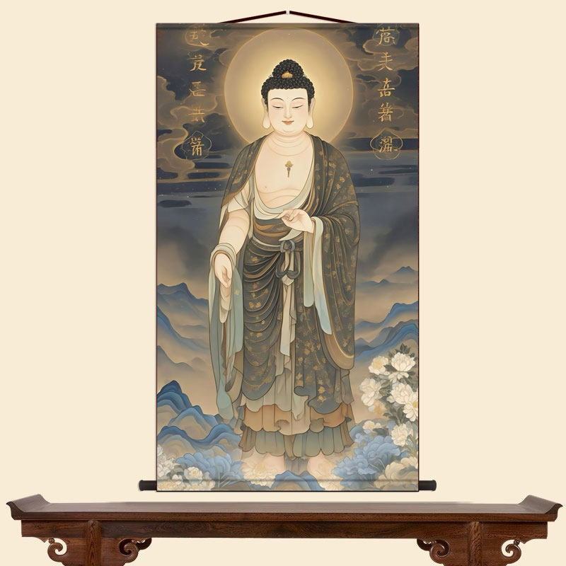 阿弥陀佛画像书房玄关挂画客厅装饰字画走廊沙发背景墙丝绸卷轴画,淘宝优惠券,粉丝福利购,淘宝优惠卷