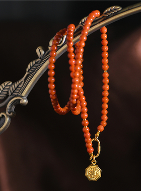 无优化南红搭配古法手工錾刻足金