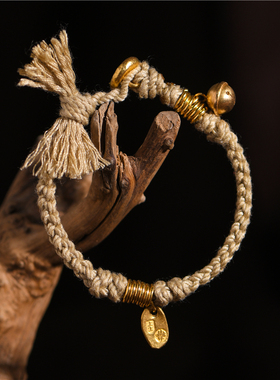 足金手工錾刻古法黄金吉言金手绳