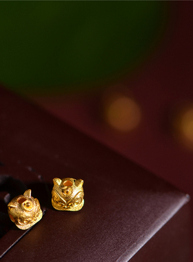 足金手工錾刻黄金福字狮头隔珠