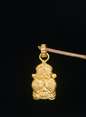 手工錾刻古法黄金财神爷吊坠