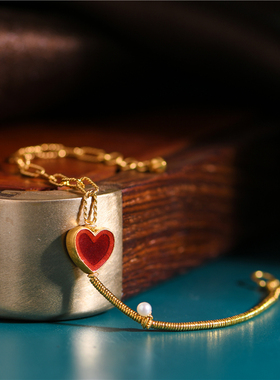 手工錾刻烧蓝红心珍珠黄金手链