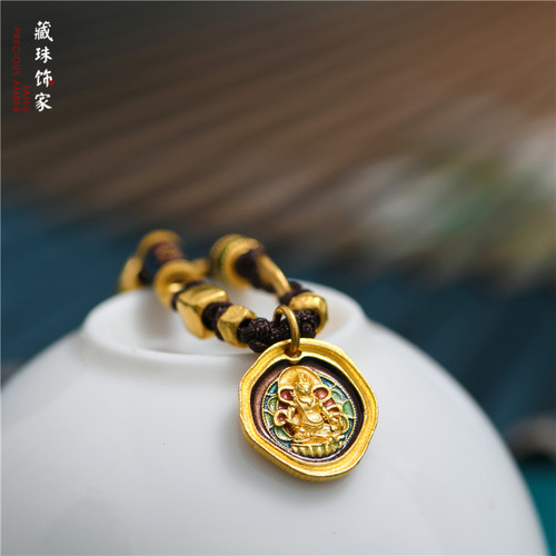 藏珠饰家 足金手工錾刻古法黄金 黄财神烧蓝吉言金手串手链手绳女 - 图1