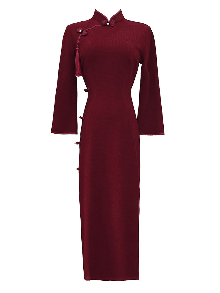 酒红色旗袍气质中长款显瘦女敬酒服 阑桂羽旗袍