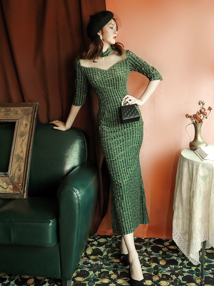 丝绒旗袍年轻款性感长款修身连衣裙 阑桂羽旗袍