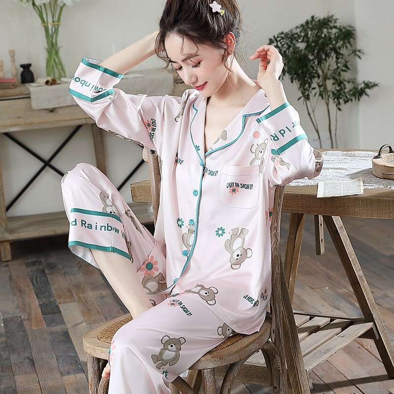 春秋季冰丝长袖开衫仿真丝绸睡衣 惠娜姿睡衣/家居服套装