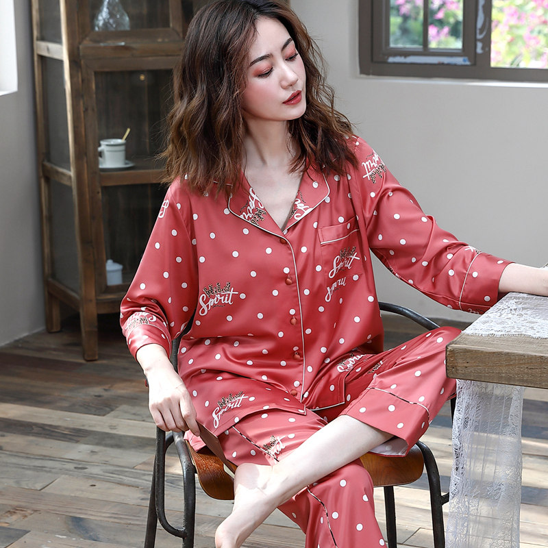 冰丝春秋款仿真丝绸长袖开衫睡衣 惠娜姿睡衣/家居服套装