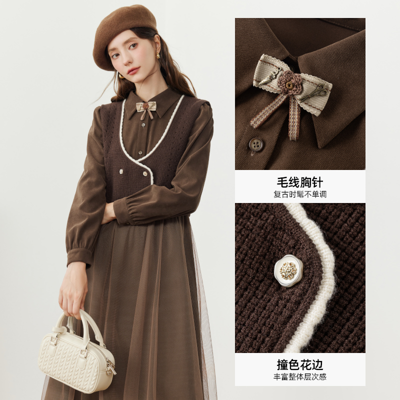 KBNE咖色时尚早秋套装两件套2025新款连衣裙拼接小个子春秋女 - 图0