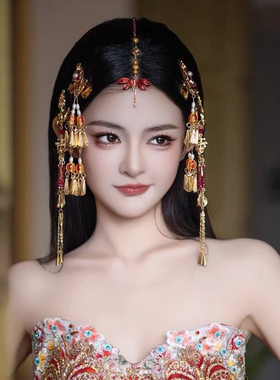 一诺新娘风汉服古装新娘发饰品金红色蜻蜓流苏眉心坠发夹高级边夹