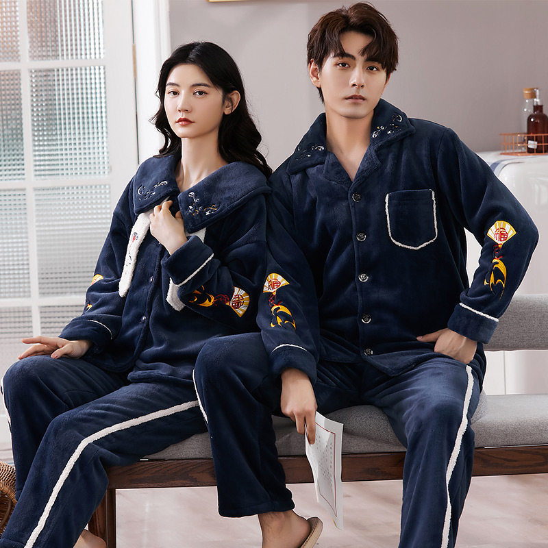 情侣秋冬款珊瑚绒加绒男士睡衣 悠樱服饰睡衣/家居服套装